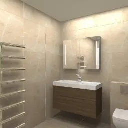 Jasna łazienka z beżowymi płytkami imitującymi marmur, wisząca szafka z umywalką i lustrem z oświetleniem LED, grzejnik drabinkowy oraz podwieszana toaleta.