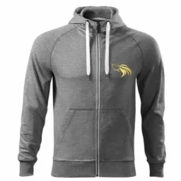 Szara rozpinana bluza z kapturem, z drobnym złotym nadrukiem przedstawiającym lwa na piersi.