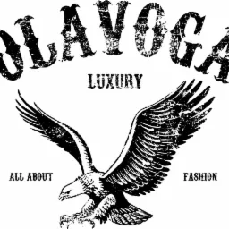 Czarno-biały, grunge'owy projekt graficzny z orłem w locie, napisem 'OLAVOGA LUXURY ALL ABOUT FASHION' i efektem postarzenia.