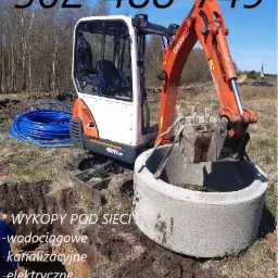 Pomarańczowa minikoparka Kubota KK41-3V z numerem telefonu na niebie umieszcza betonowy krąg w wykopie, obok leżą niebieskie rury