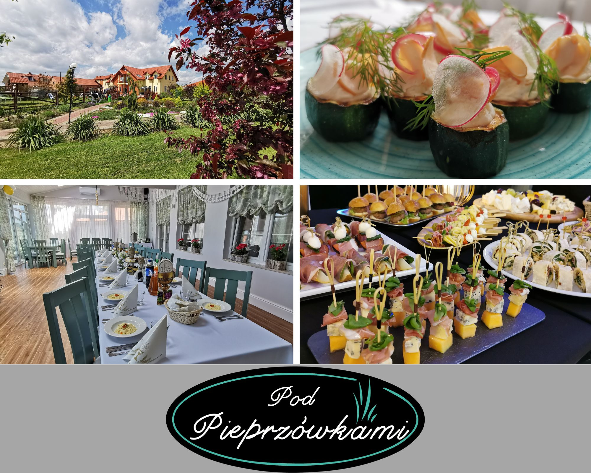 Kompozycja czterech kadrów: krajobraz z budynkami i czerwonym drzewem, przekąski z cukinii i rzodkiewki, sala bankietowa z nakrytymi stołami oraz różnorodne finger food na paterach, a na dole logo...