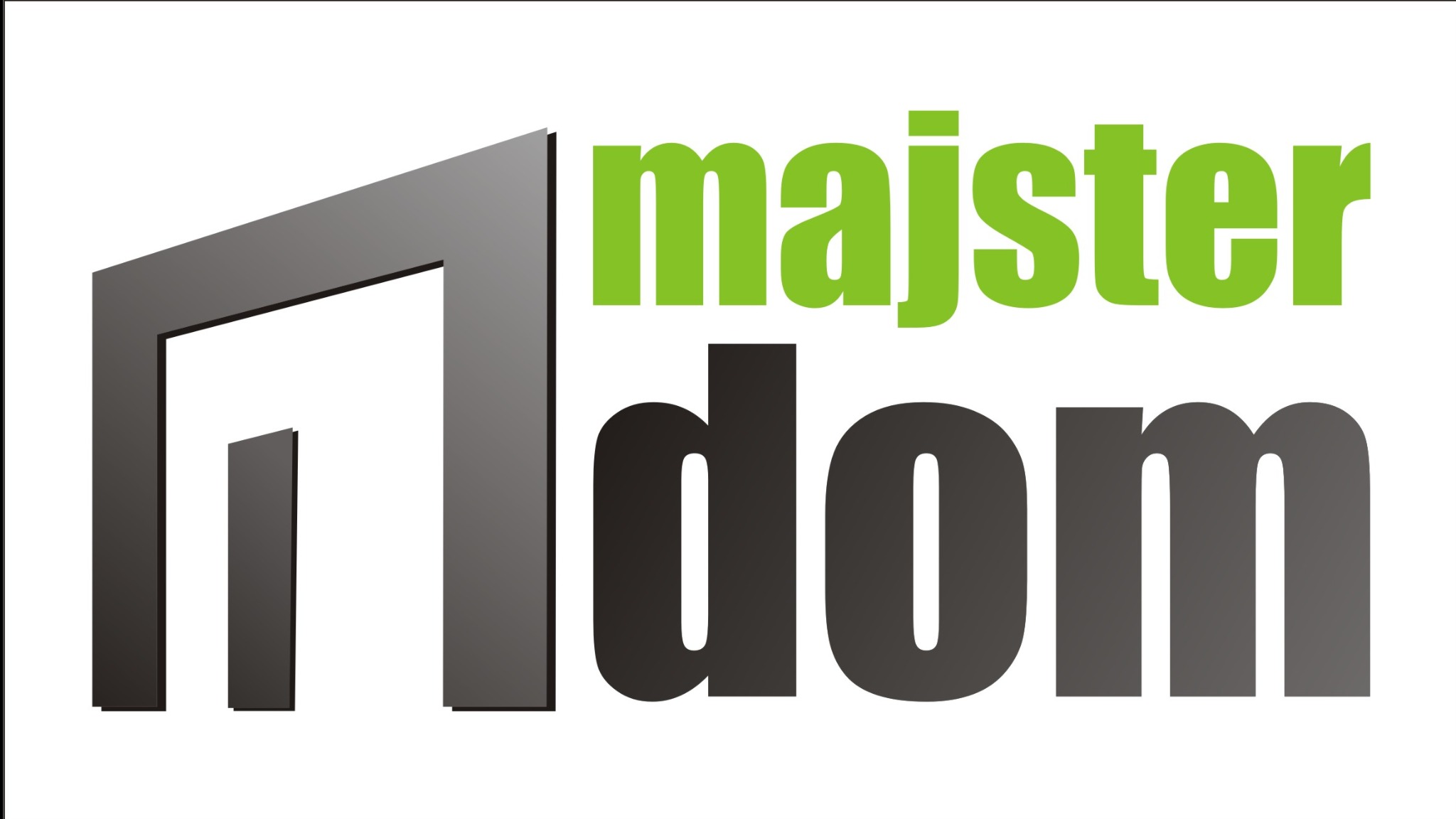 Logo firmy 'majster dom' z szarą, geometryczną ikoną domu i zielonym napisem 'majster' nad szarym 'dom' na białym tle. Minimalistyczny design.