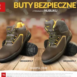 Brązowe, nubukowe buty robocze Raw-Pol z żółtymi akcentami i czarną podeszwą, model BRMANDRYL-P i BRMANDRYL-T, prezentowane na drewnianym tle.