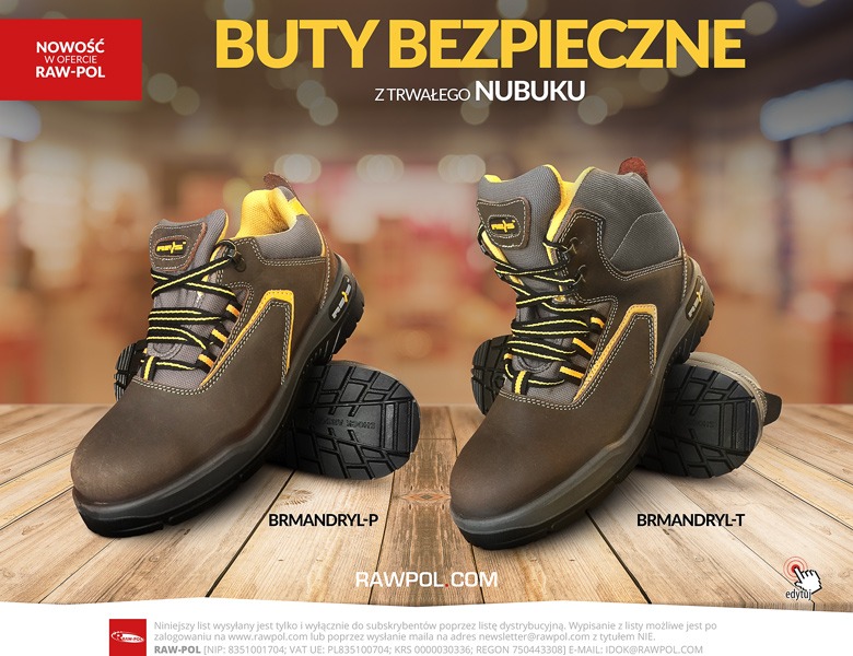 Brązowe, nubukowe buty robocze Raw-Pol z żółtymi akcentami i czarną podeszwą, model BRMANDRYL-P i BRMANDRYL-T, prezentowane na drewnianym tle.