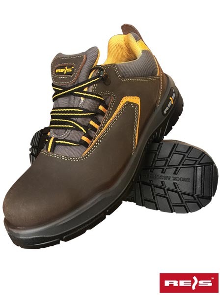 Brązowe, skórzane buty robocze z żółtymi akcentami i szarym wykończeniem, prezentowane w Zarszynie, z podeszwą absorbującą wstrząsy i widocznym logo producenta.