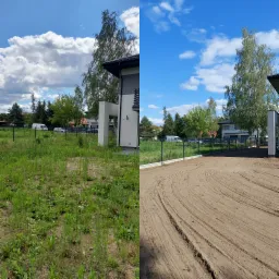 Porównanie terenu przed i po wyrównaniu, widoczne ślady opon, przygotowany grunt pod trawnik na tle nowoczesnego domu z ogrodzeniem.