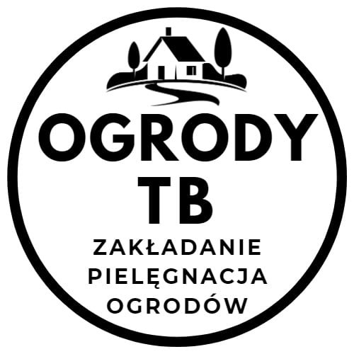 Czarno-białe logo firmy ogrodniczej w okręgu, przedstawiające uproszczony rysunek domu z drzewami, napis 'OGRODY TB' i 'ZAKŁADANIE PIELĘGNACJA OGRODÓW'.