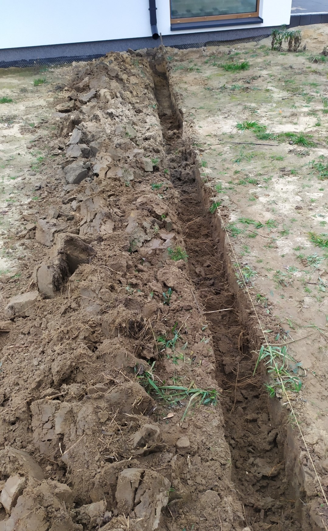 Wykopany wąski rów w ziemi wzdłuż ściany budynku, ziemia usypana po jednej stronie, widoczna linka wyznaczająca linię wykopu.