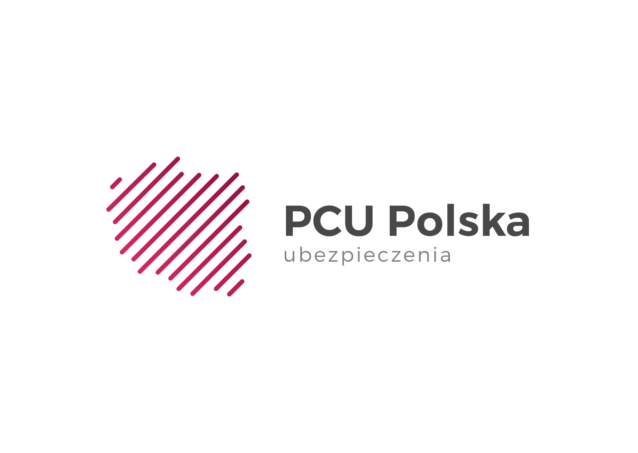 Logo firmy PCU Polska Ubezpieczenia z graficznym symbolem Polski utworzonym z ukośnych czerwonych pasków.