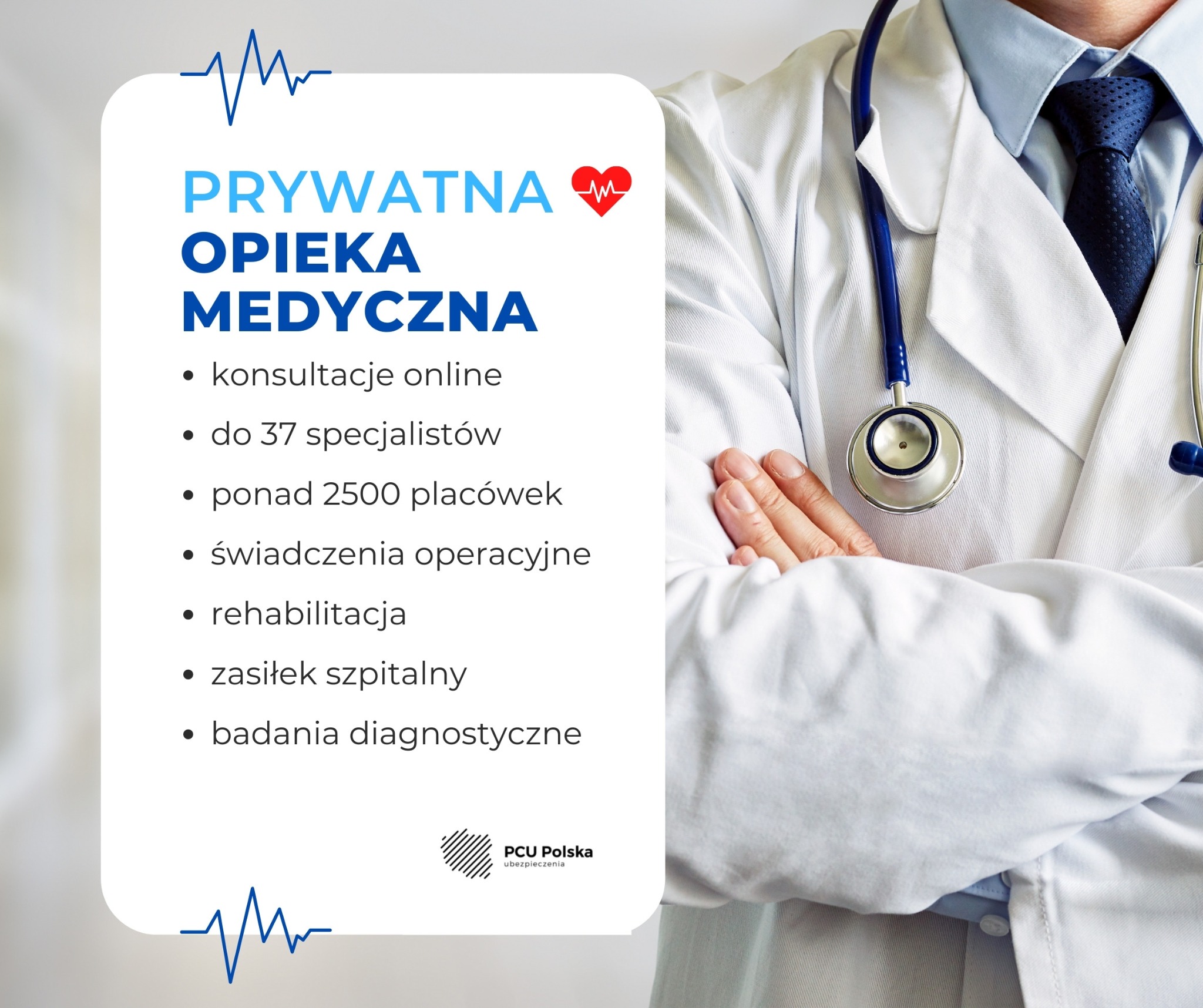 Grafika reklamowa prywatnej opieki medycznej w Konstantynowie Łódzkim, prezentująca listę oferowanych usług i logo firmy PCU Polska ubezpieczenia, z fragmentem sylwetki lekarza w białym fartuchu...