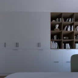 Minimalistyczna zabudowa ściany w biurze domowym: białe, matowe szafy z podłużnymi, czarnymi uchwytami sąsiadują z regałem z drewnianymi półkami, na których stoją książki, dekoracje i popiersie.