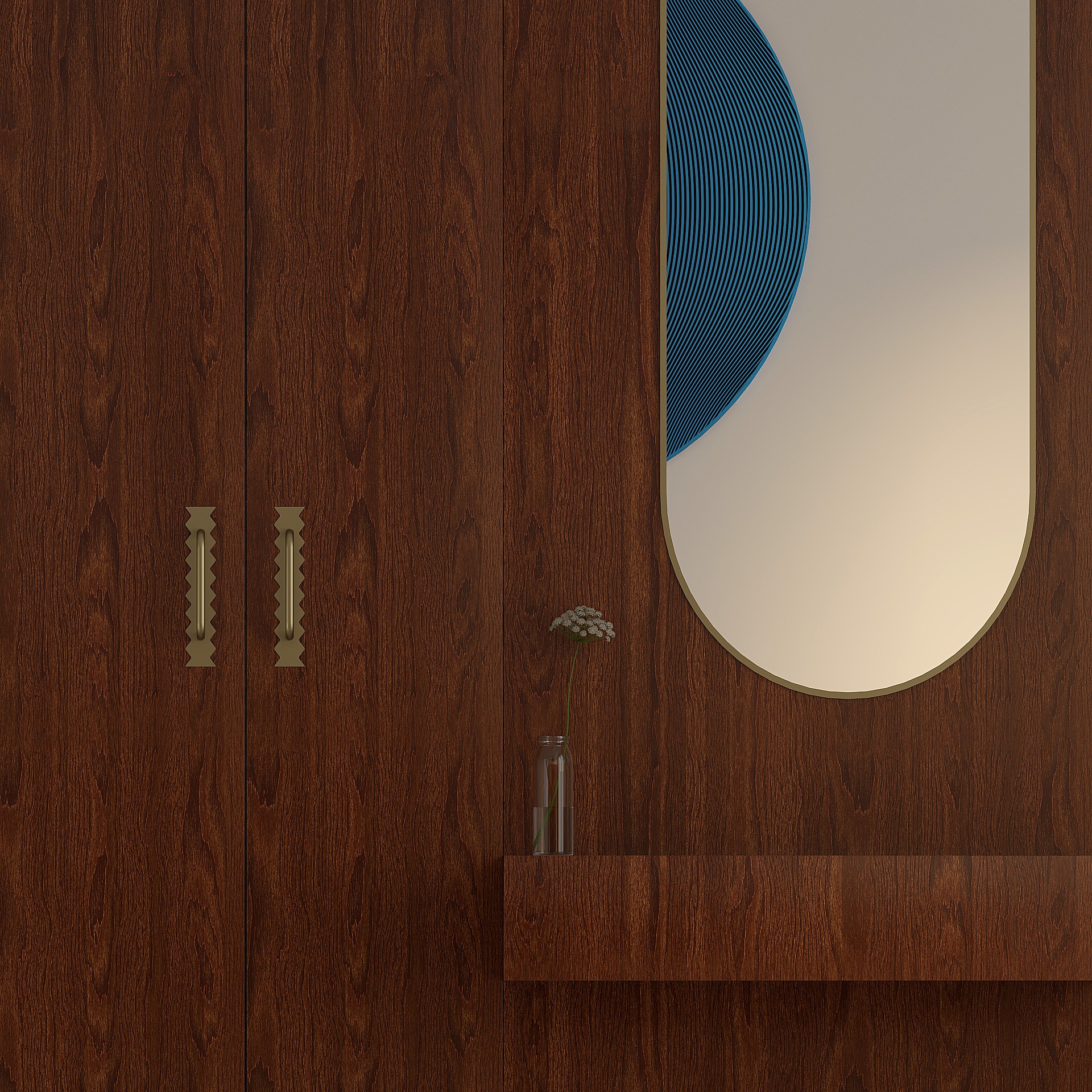 Drewniana szafa z frezowanymi uchwytami, obok owalne lustro z niebieskim akcentem i szklany wazonik z drobnymi kwiatami na półce.