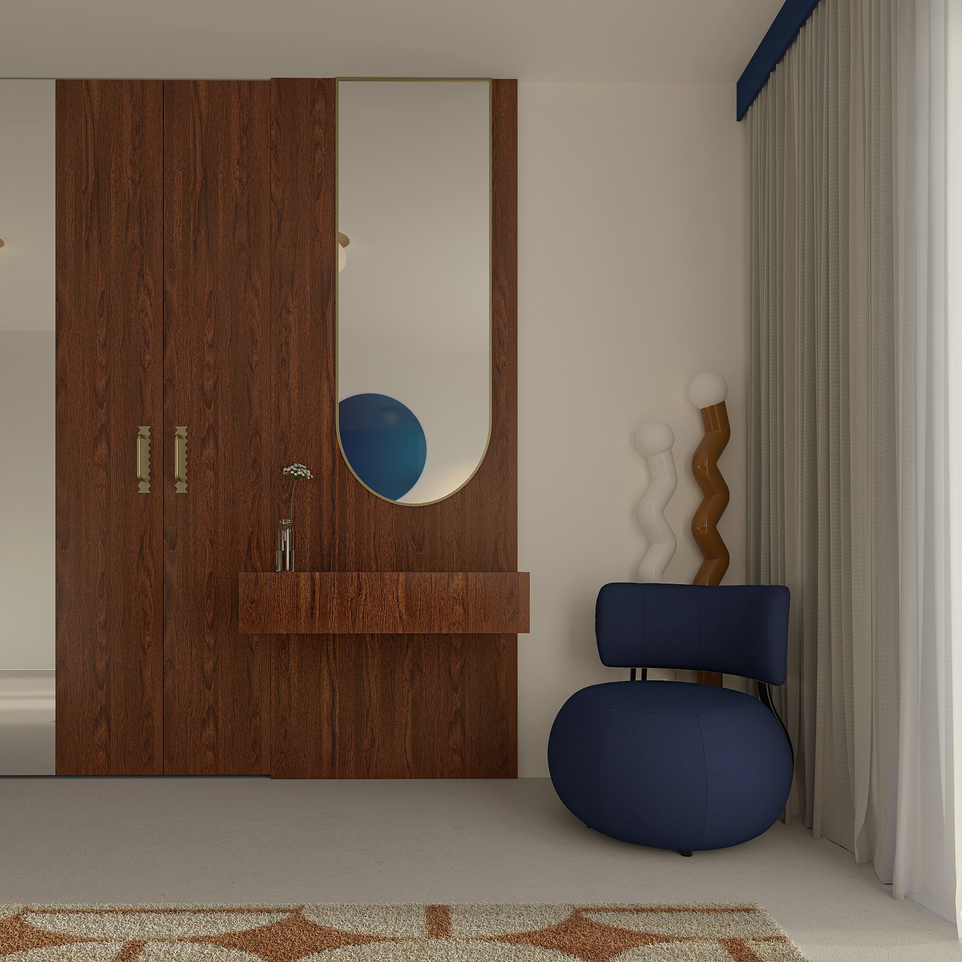 Wizualizacja wnętrza: drewniana szafa z lustrem, minimalistyczny stolik, krzesło w kolorze granatowym i dekoracyjne lampy