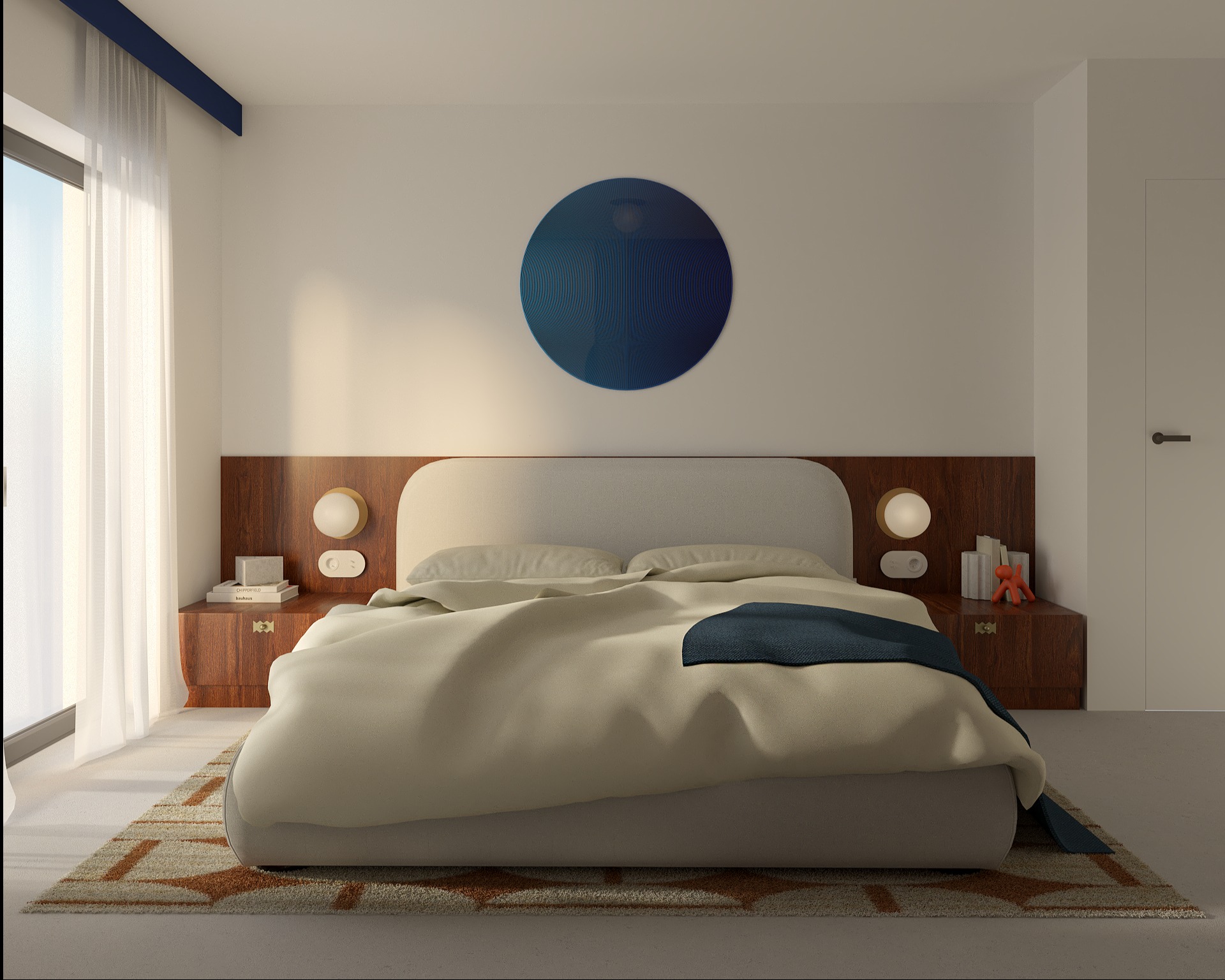 Nowoczesna sypialnia z drewnianymi szafkami nocnymi, okrągłymi lampami i abstrakcyjnym, okrągłym obrazem w kolorze granatowym nad zagłówkiem, uzupełniona o dywan w geometryczne wzory.