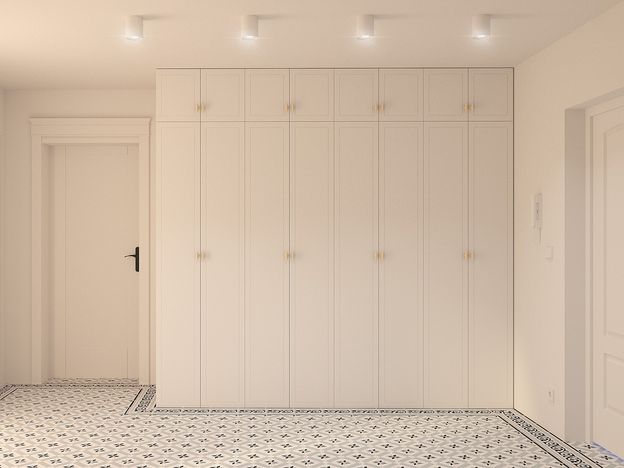 Jasna zabudowa szafy wnękowej z górnymi szafkami, złotymi uchwytami i wzorzystą podłogą w przedpokoju.