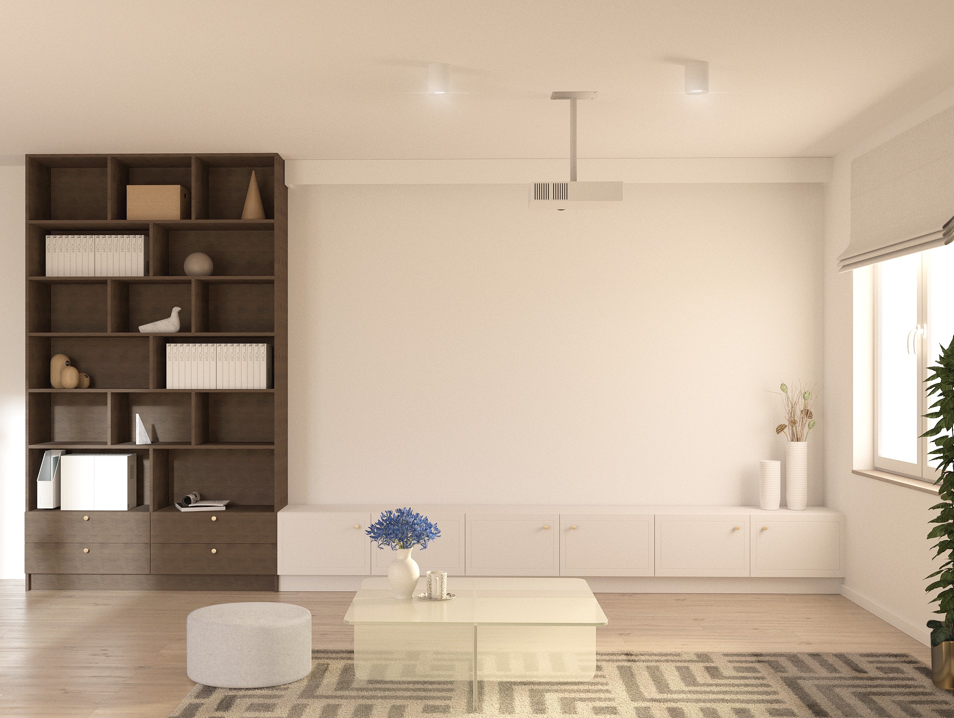 Jasne wnętrze salonu z minimalistycznym regałem, niską szafką RTV, szklanym stolikiem kawowym i projektorem sufitowym