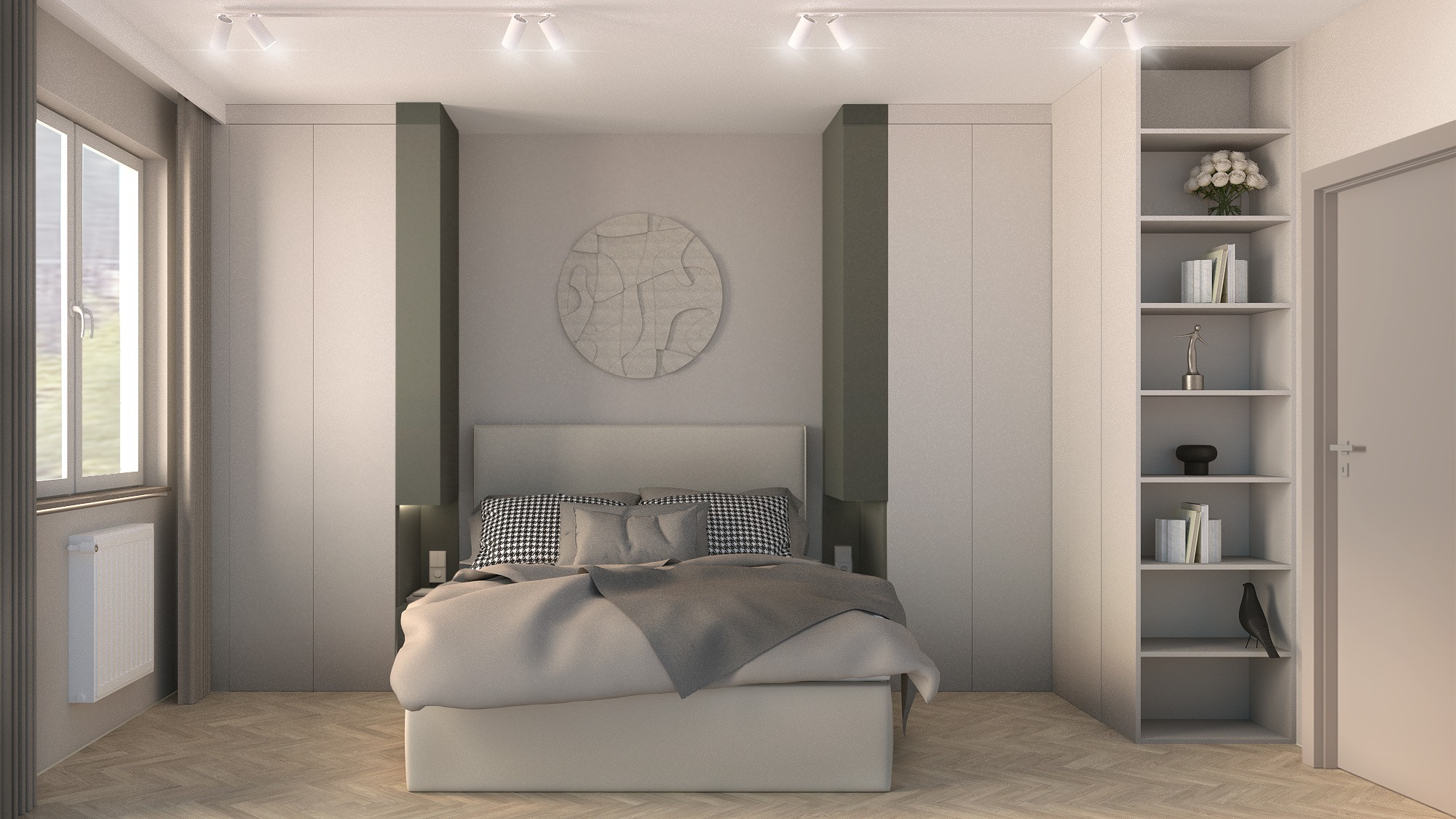 Jasna sypialnia w Poznaniu z łóżkiem, szafą i regałem. Na ścianie okrągła dekoracja. Parkiet na podłodze. Minimalistyczny design z akcentami szarości i bieli.