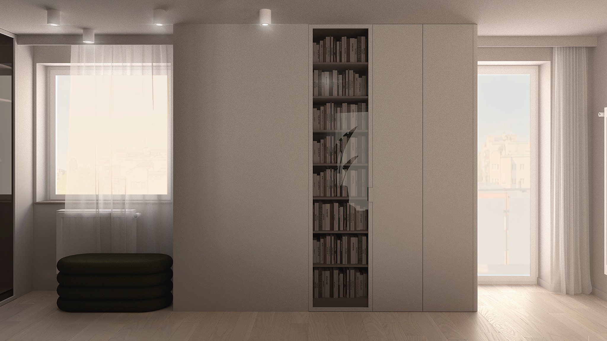 Minimalistyczne wnętrze: zabudowa z regałem na książki, okno z firanką, pufa. Stonowana kolorystyka, drewniana podłoga. Nowoczesny design.