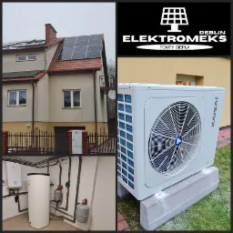 Kolaż zdjęć: dom z panelami słonecznymi na dachu, pompa ciepła Kaisai na zewnątrz na betonowym fundamencie, oraz instalacja grzewcza z zbiornikami w pomieszczeniu.