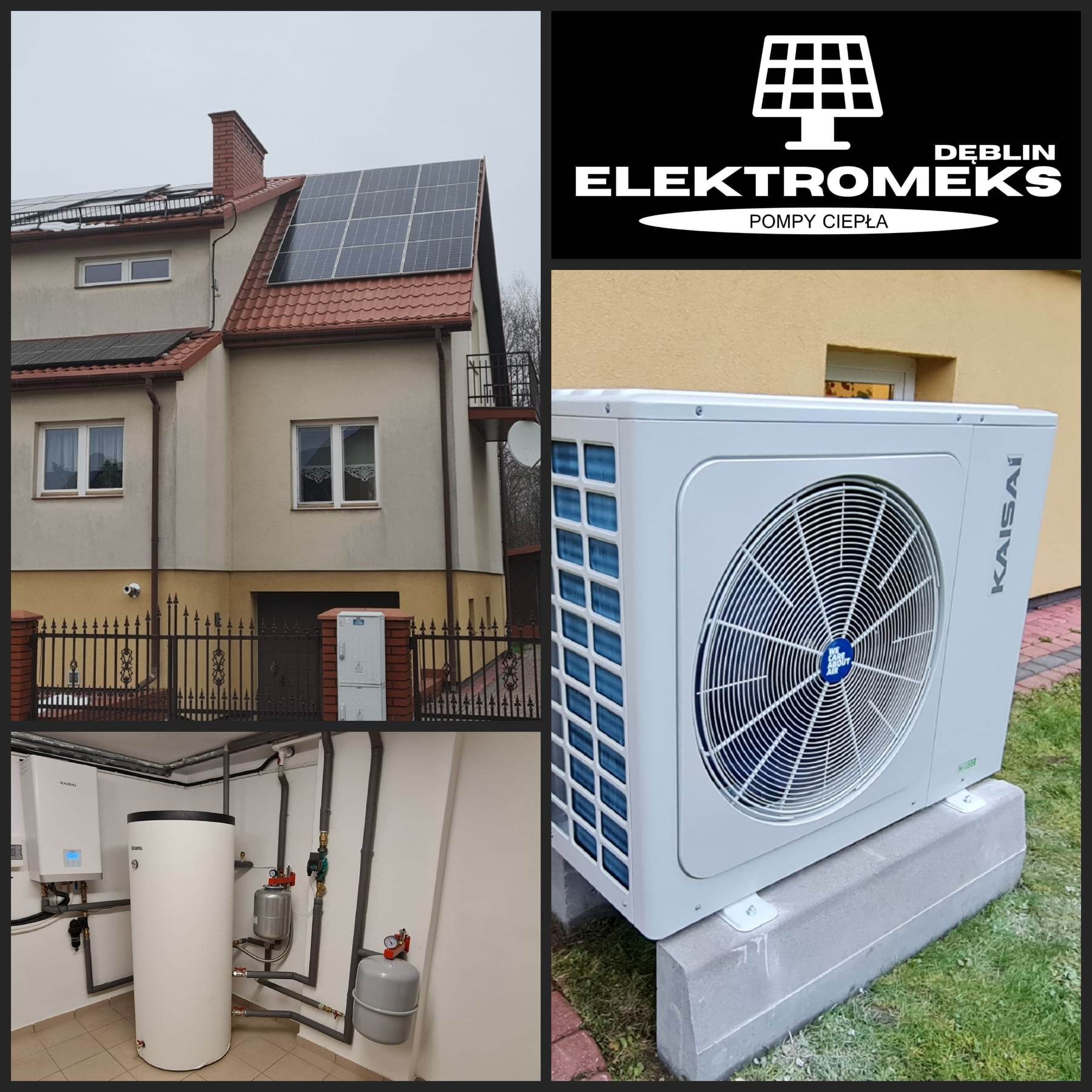 Kolaż zdjęć: dom z panelami słonecznymi na dachu, pompa ciepła Kaisai na zewnątrz na betonowym fundamencie, oraz instalacja grzewcza z zbiornikami w pomieszczeniu.