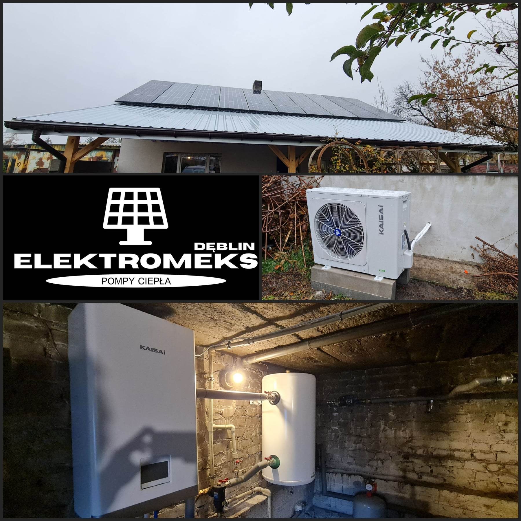 Kolaż zdjęć: panele fotowoltaiczne na dachu budynku z drewnianą konstrukcją, zewnętrzna jednostka pompy ciepła Kaisai na betonowym fundamencie obok stosu gałęzi, oraz wewnętrzna jednostka pompy...
