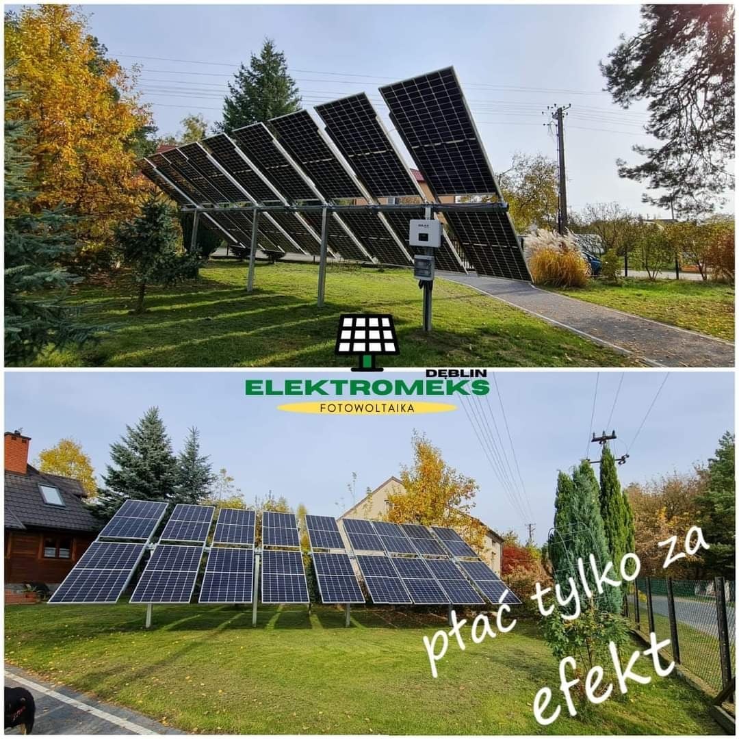 Dwa ujęcia instalacji fotowoltaicznej na trawniku w otoczeniu drzew, z widocznym inwerterem i okablowaniem; na dole napis 'płać tylko za efekt'.