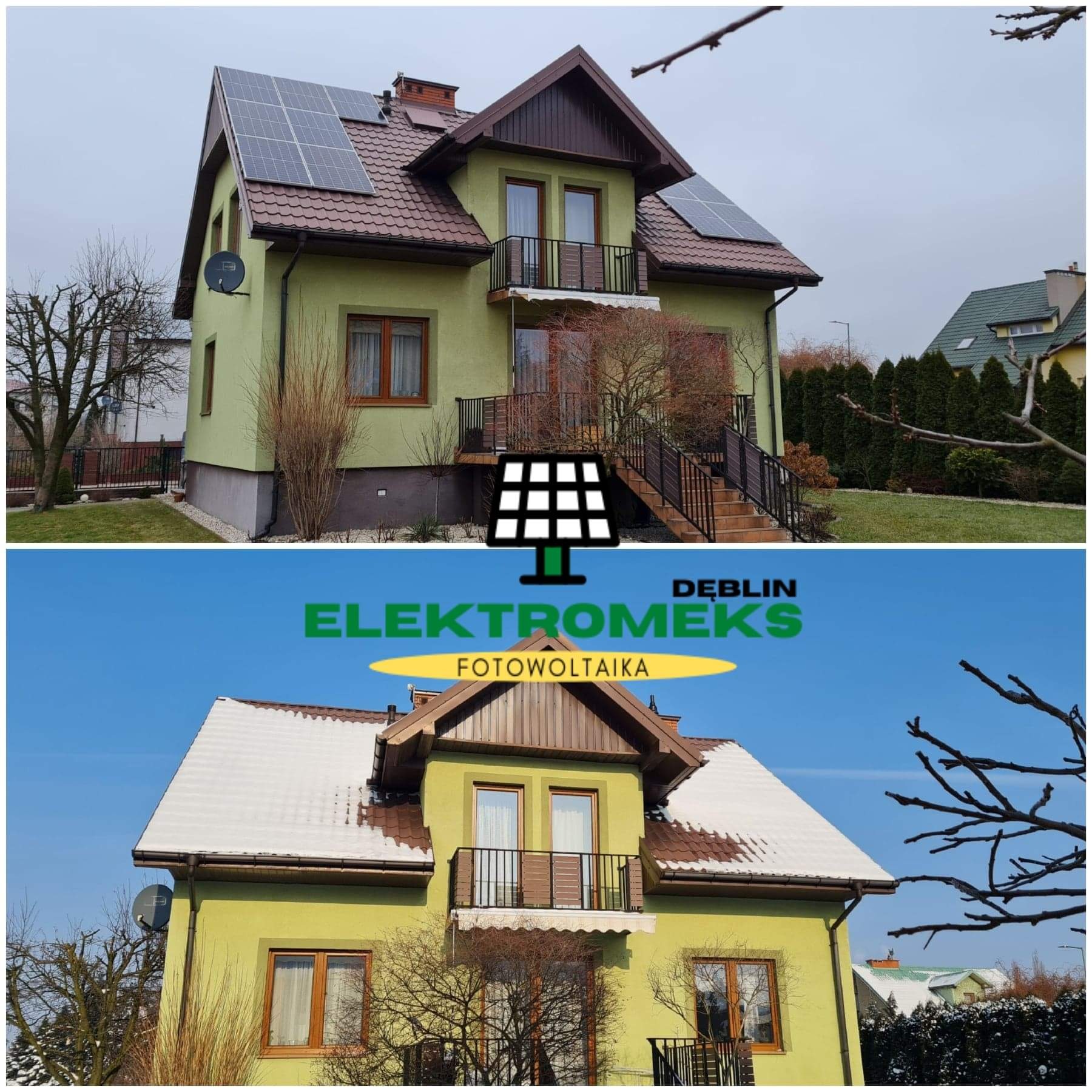 Dom jednorodzinny z panelami słonecznymi na dachu, widok z dwóch różnych perspektyw: w pochmurny dzień i słoneczny dzień z częściowo ośnieżonym dachem.