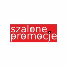 Czerwony prostokąt z białym napisem 'szalone promocje', gdzie litera 'o' jest zastąpiona symbolem procentu.
