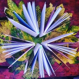 Pięć otwartych, identycznych zeszytów z białymi kartkami i szarymi okładkami, ułożonych w okrąg na tle jesiennych liści i ciemnoczerwonego podłoża.