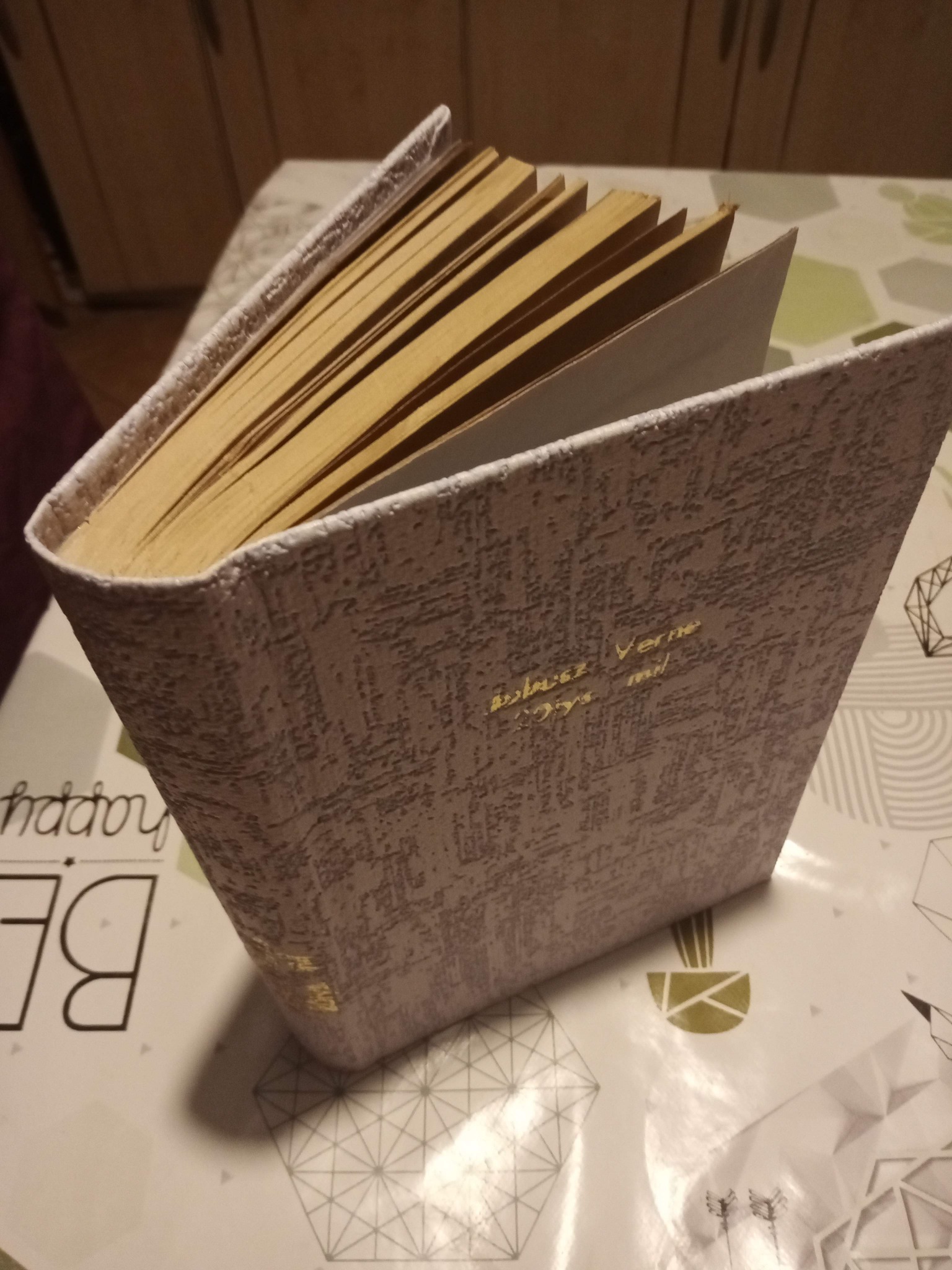 Książka w twardej oprawie z napisem 'Juliusz Verne' w złotym kolorze, wykonana przez introligatora ze Zwierzyna. Widoczne kartki i faktura okładki.