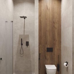 REM-TUR - Nowoczesna łazienka z kabiną prysznicową typu walk-in, drewnianą zabudową i podtynkową toaletą. Minimalistyczny design, szara kolorystyka, oświetlenie punktowe.