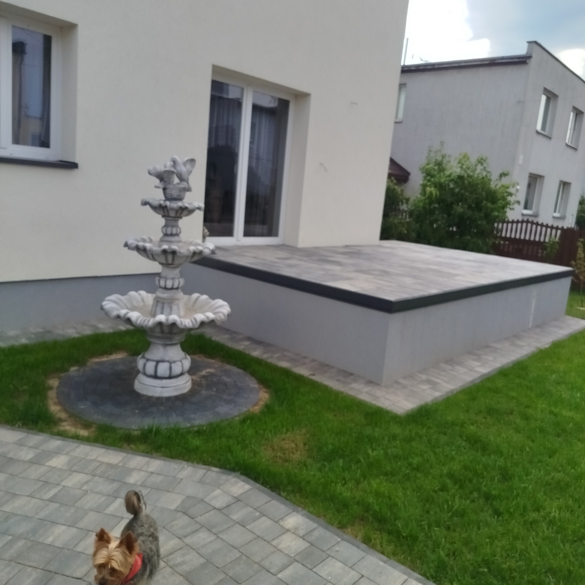 Nowoczesny taras z szarej kostki brukowej, fontanna ogrodowa z ptakami, trawnik i pies rasy york w kadrze. Jasna elewacja domu w tle.