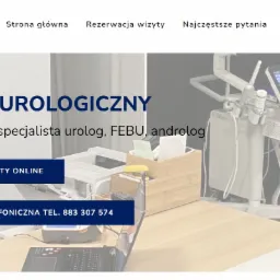 Strona internetowa gabinetu urologicznego urolog.rybnik.pl z widocznym menu nawigacyjnym, informacją o rezerwacji wizyt online i telefonicznej oraz fragmentem wyposażenia gabinetu lekarskiego.
