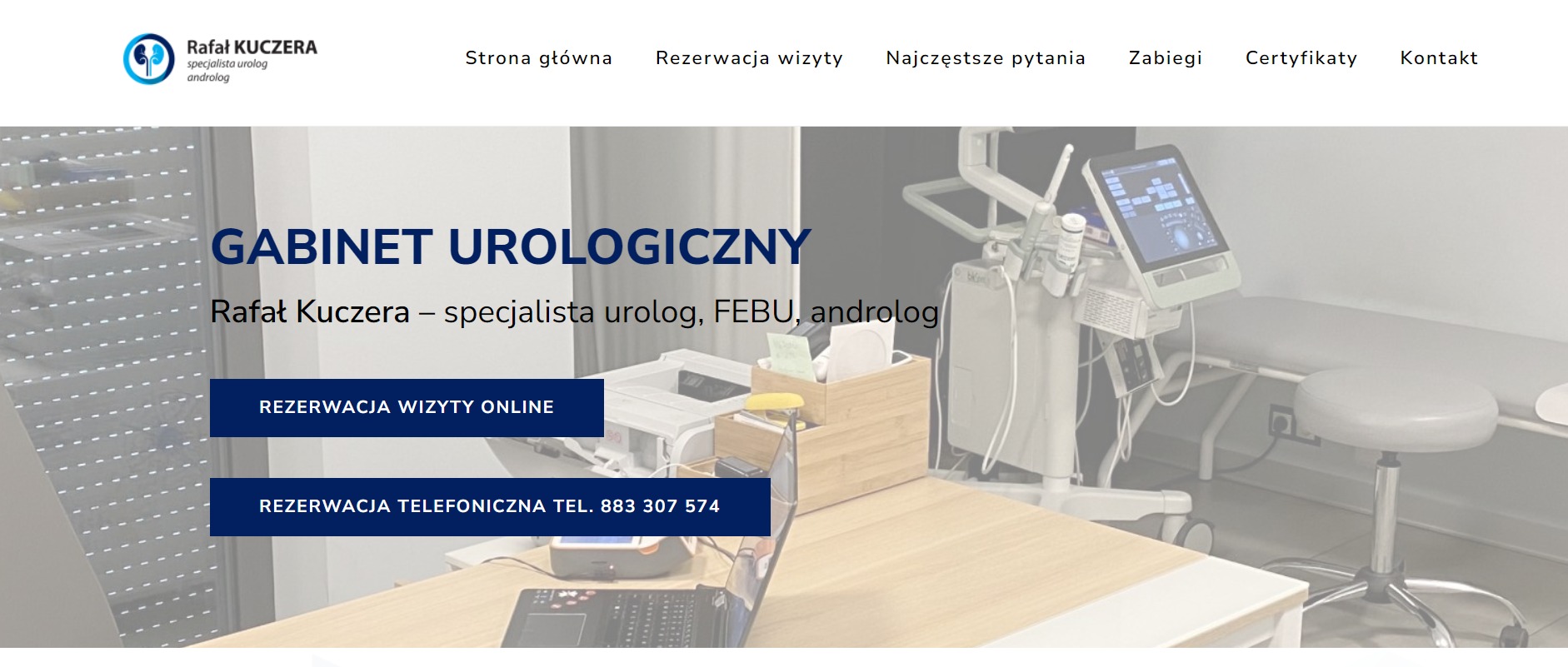 Strona internetowa gabinetu urologicznego urolog.rybnik.pl z widocznym menu nawigacyjnym, informacją o rezerwacji wizyt online i telefonicznej oraz fragmentem wyposażenia gabinetu lekarskiego.