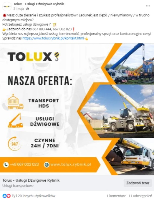 Grafika reklamowa firmy Tolux z Rybnika, oferującej usługi dźwigowe, transport HDS i transport, z trzema zdjęciami dźwigów w różnych ujęciach i logiem firmy