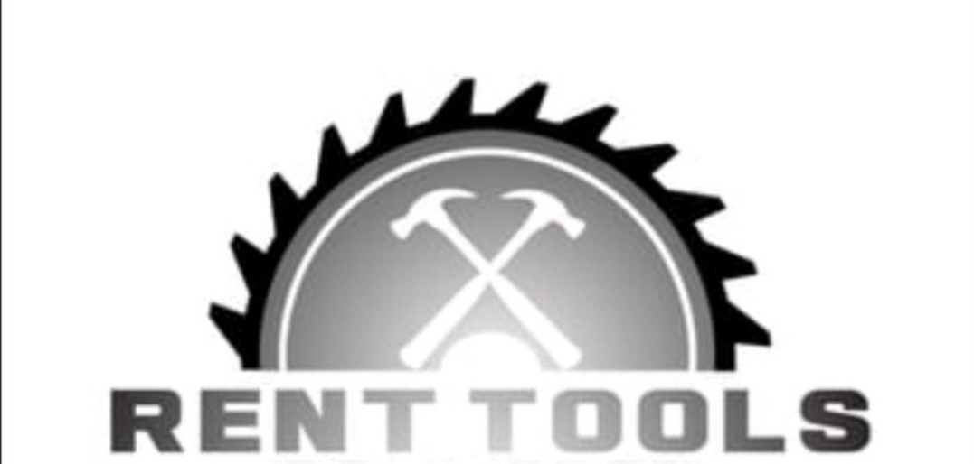 Logo firmy Rent Tools przedstawiające piłę tarczową z dwoma skrzyżowanymi młotkami wewnątrz, poniżej nazwa firmy.