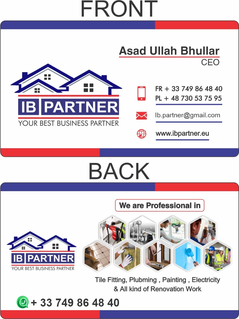 Dwustronna wizytówka firmy IB Partner z logo przedstawiającym dwa domy, danymi kontaktowymi i informacją o specjalizacji w pracach remontowych, w tym układaniu płytek, hydraulice, malowaniu...