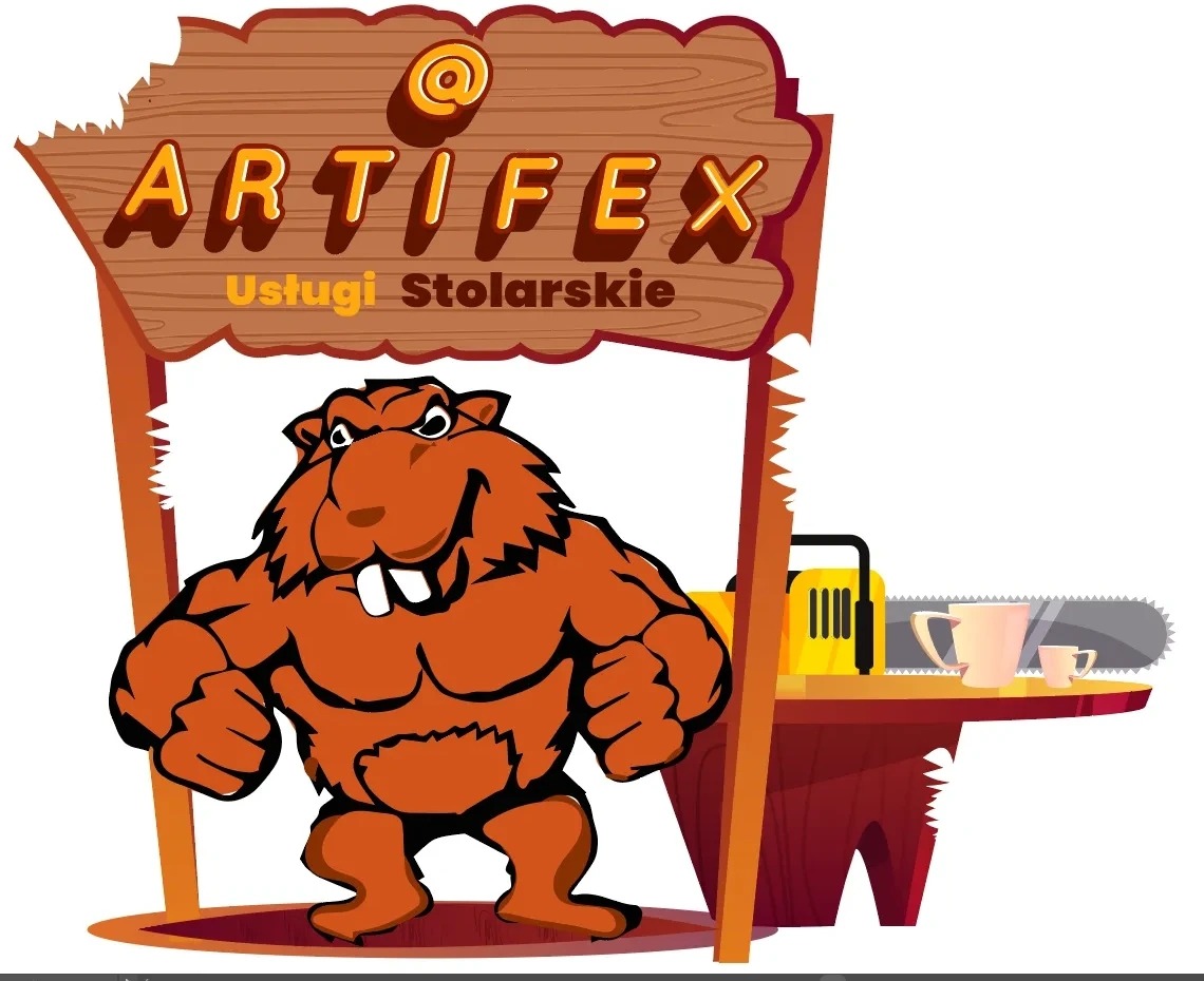 Grafika przedstawia logo firmy Artifex Usługi Stolarskie z wizerunkiem muskularnego bobra, piły łańcuchowej i filiżanek do kawy na drewnianym tle.