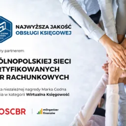 Zespół biura rachunkowego z dłońmi w centrum kadru, symbolizujący partnerstwo i jakość obsługi. Logo 'Marka Godna Zaufania 2024' i informacja o nagrodzie w kategorii wirtualna księgowość.