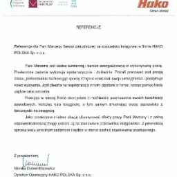 Skan dokumentu referencyjnego dla księgowej Marzeny Sewioł z firmy HAKO POLSKA Sp. z o.o., podpisany przez dyrektor operacyjną Monikę Dubiel-Macewicz.