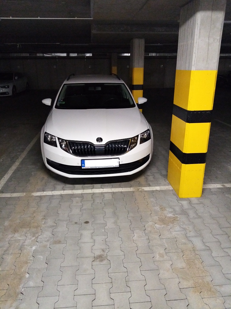 Biała Skoda Octavia zaparkowana w garażu podziemnym, widok z przodu, obok słup z żółto-czarnymi pasami ostrzegawczymi.