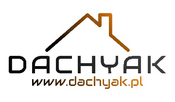 Logo firmy dekarskiej Dachyak z graficznym symbolem domu i adresem strony internetowej.