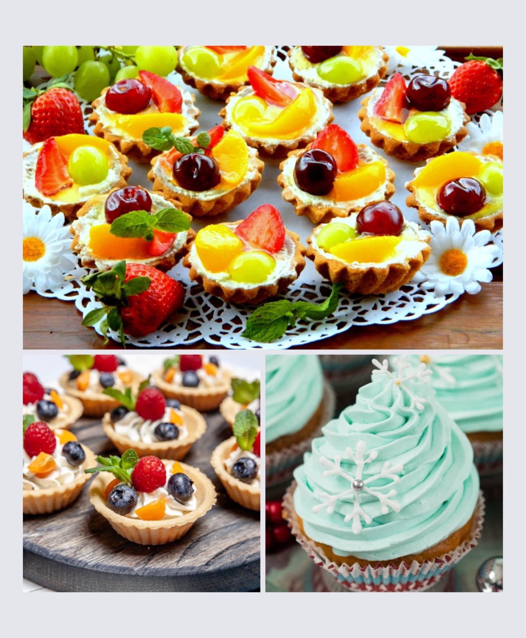 Kompozycja z trzech ujęć: tartaletki z kremem i owocami (truskawki, winogrona, wiśnie, brzoskwinie) na ażurowej serwetce i drewnianym tle, mini tarty z kremem, malinami, borówkami i kumkwatem...