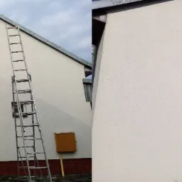 Porównanie elewacji domu przed i po czyszczeniu, widoczna drabina oparta o ścianę, z lewej strony ściana zabrudzona, z prawej czysta.