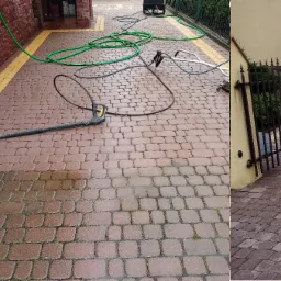 Częściowo wyczyszczona kostka brukowa na podjeździe, widoczne urządzenia czyszczące i węże, kontrast pomiędzy czystą a brudną powierzchnią.