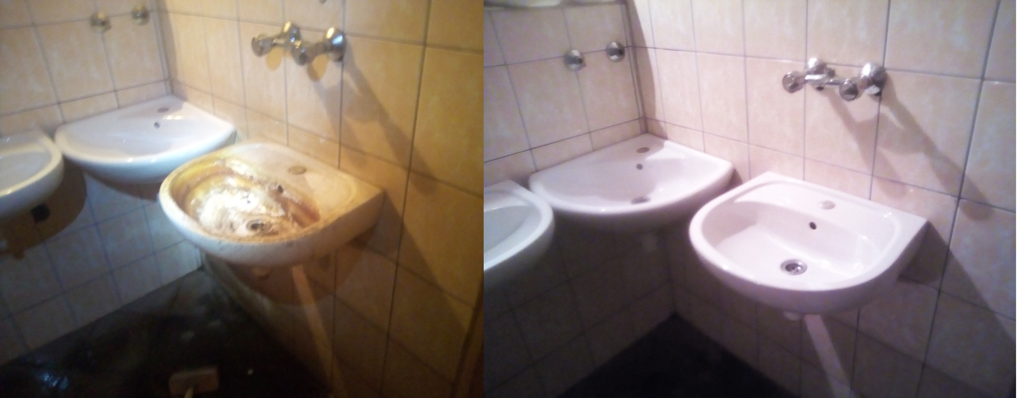 Porównanie stanu umywalki przed i po czyszczeniu: po lewej zanieczyszczona, po prawej lśniąca czystością, z widocznymi płytkami ceramicznymi w tle.