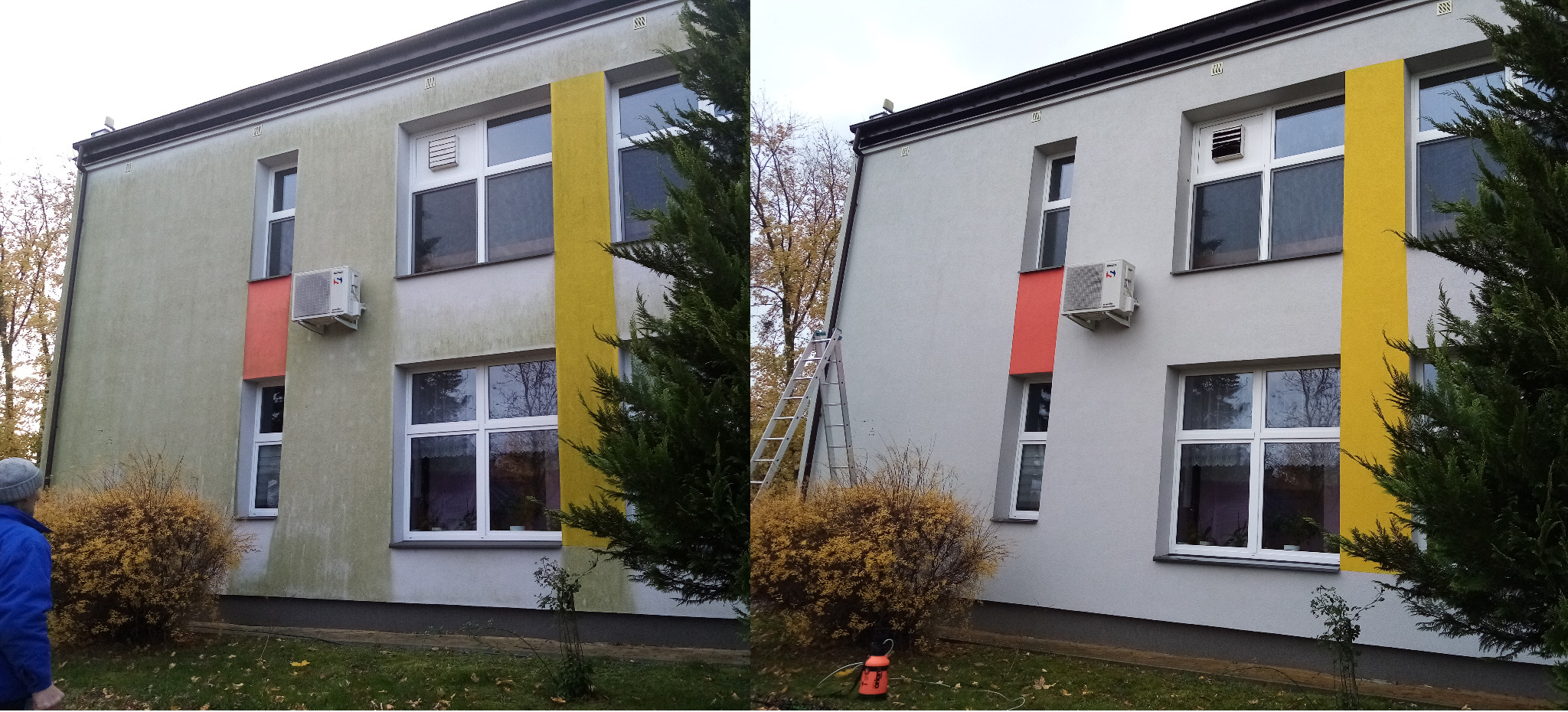 Zdjęcie porównujące stan elewacji budynku przed i po czyszczeniu, z widoczną różnicą w kolorze i czystości powierzchni. Po lewej stronie elewacja jest zabrudzona, po prawej czysta. Widoczna drabina...