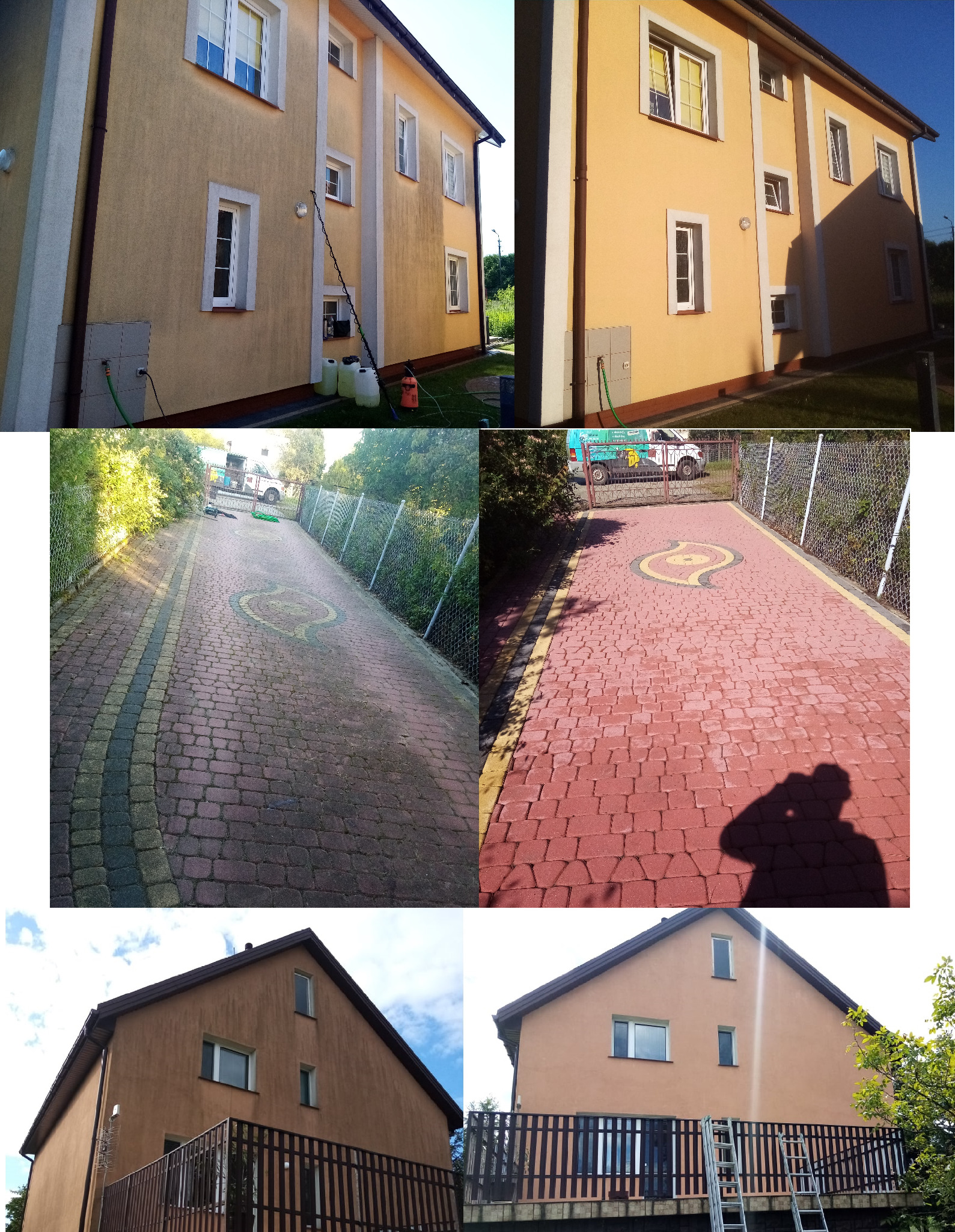 Porównanie elewacji i kostki brukowej przed i po czyszczeniu w Rykach. Widoczny budynek z jasną elewacją, kostka brukowa z dekoracyjnym wzorem oraz sprzęt do czyszczenia elewacji.