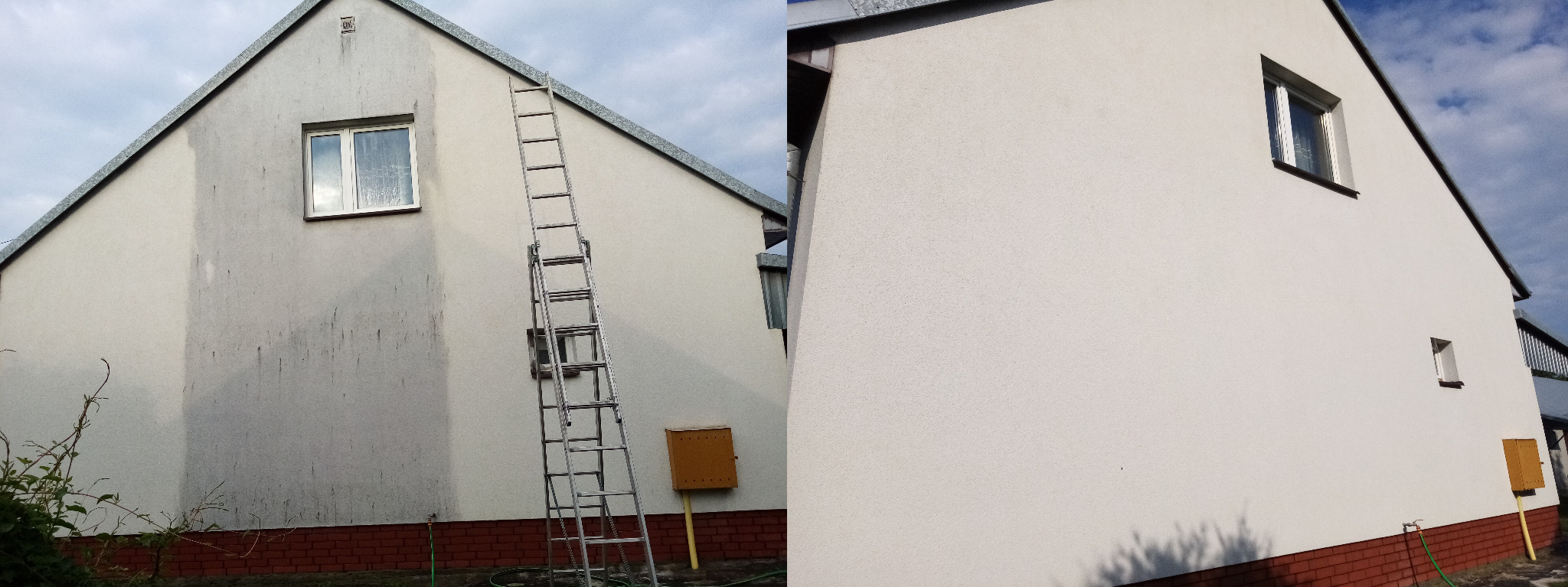 Porównanie elewacji domu przed i po czyszczeniu, widoczna drabina oparta o ścianę, z lewej strony ściana zabrudzona, z prawej czysta.