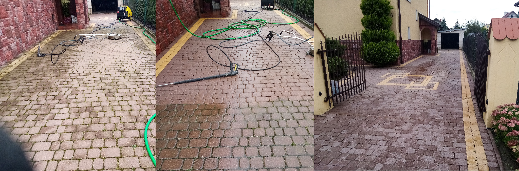 Częściowo wyczyszczona kostka brukowa na podjeździe, widoczne urządzenia czyszczące i węże, kontrast pomiędzy czystą a brudną powierzchnią.